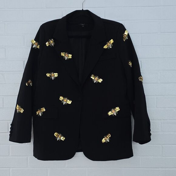 Beulah Style Women's Black Bee Embellished Button Blazer Jacket MC6435 Size M